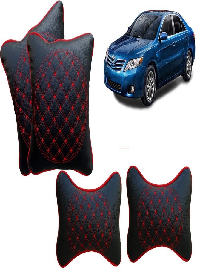 Selifaur Black and Red Double Quilted Car Cushion and Neck Rest Pillow Set of 4 for Camry - Image 1